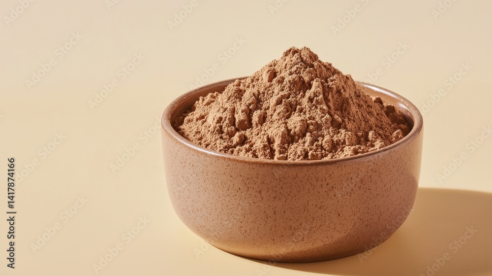 Cocoa Powder in Traditional Ceramic Bowl on Neutral Background Cocoa Powder in Traditional Ceramic Bowl on Neutral Background