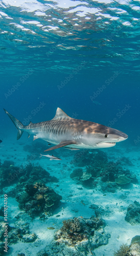 Fototapeta premium Swimming Shark Underwater with Reef and Ocean Surface