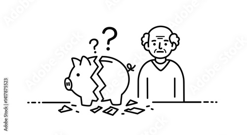 Elderly man looking confused at broken piggy bank with question marks  