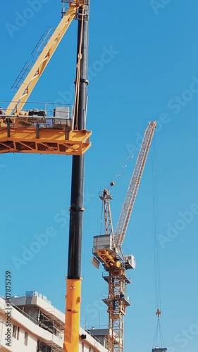 Tower crane or mobile crane erected beside under construction building.
Yellow color Tower crane lifting heavy items from ground to top level
Building Portable Tower Cranes for under construction site