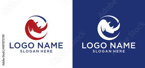 Illustration of rhino head logo design. Vector silhouette of a rhinoceros head with a rotating spiral element that has a strong effect.