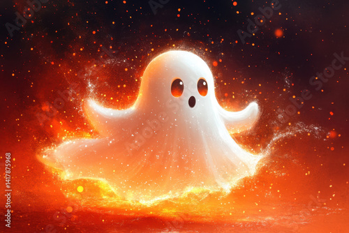 Ghost with glowing face and tail in dark forest, ethereal and mysterious, emits soft light, creating an eerie and haunting ambiance.