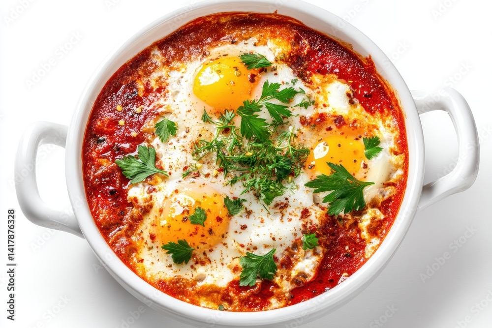 Overhead view of delicious shakshuka with eggs in spicy tomato sauce garnished with fresh parsley Overhead view of delicious shakshuka with eggs in spicy tomato sauce garnished with fresh parsley
