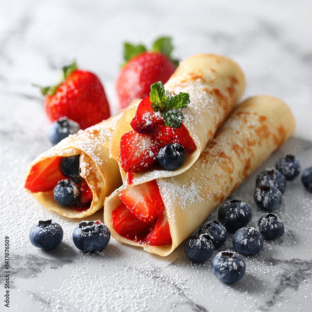 Delicious crepes with fresh strawberries and blueberries sprinkled with powdered sugar gourmet presentation