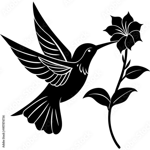 vector silhouette of a hummingbird hovering near a flower, (6)