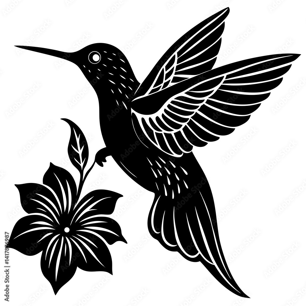 Obraz premium vector silhouette of a hummingbird hovering near a flower, (6)