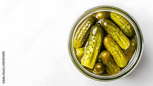 Professional top view image of pickled cucumbers in a glass jar on white background