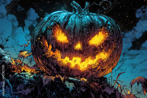 Glowing carved pumpkin with a spooky face lit up at night on a front porch, casting an eerie orange glow.
