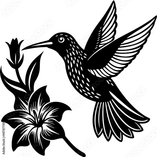 vector silhouette of a hummingbird hovering near a flower, (6)
