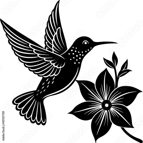vector silhouette of a hummingbird hovering near a flower, (6)