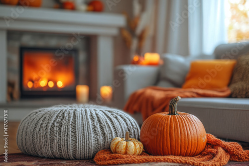 Two knit pumpkins on a rug by a fireplace, cozy and autumnal vibes.