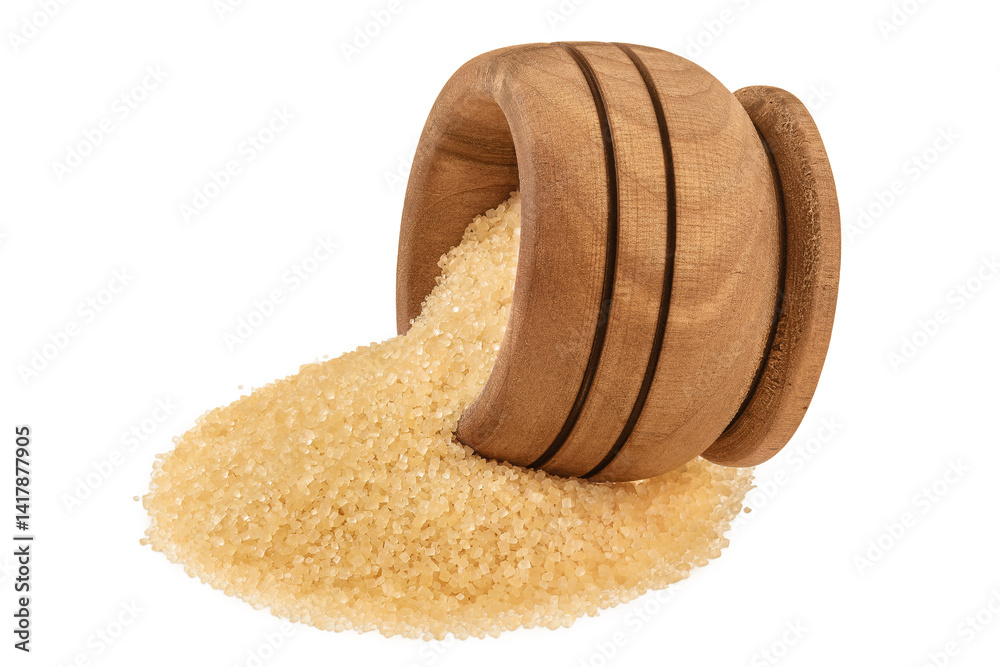 The brown sugar in wooden bowl isolated on white background