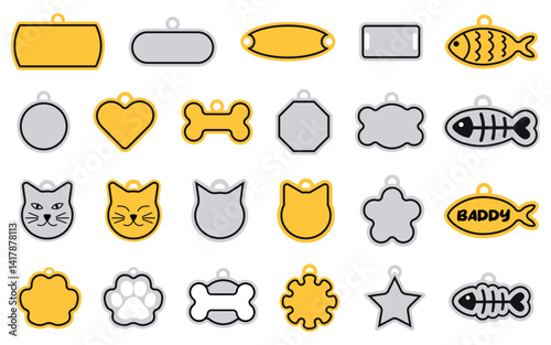 Set of different pet ID tags. Accessories for cats and dogs. Silver and gold collar medallions. Bone, cat, fish, dog, heart, circle, square. Identification labels.