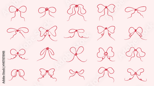 Set of hand drawn pink bows on a pink background. Gif ribbons in hand drawn styles. Fashionable vector illustration. Hair accessory. Bows knot for gift wrapping