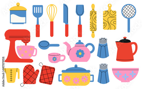 Set of kitchenware. Cooking tools, utensil, equipment and cutlery. Set for baking and dough preparation. Flat vector illustrations of cookware objects isolated on white background.