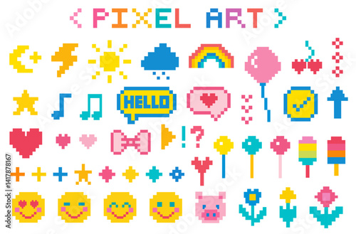 Game icon set, vector mobile app element. Pixel art objects isolated on white background. Game artefact icon in 8 bit style. Pixel graphic symbols group collection. Face, stars, bow, flowers, sweets