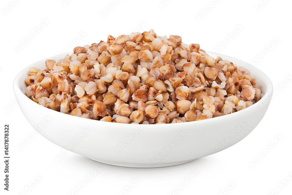 Boiled buckwheat in a ceramic bowl isolated on white background