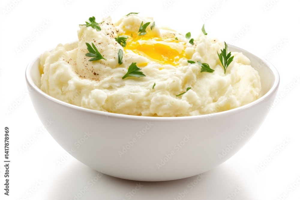 Bowl of Delightful Mashed Potatoes Topped with a Sunnyside Egg and Fresh Parsley on White Background Bowl of Delightful Mashed Potatoes Topped with a Sunnyside Egg and Fresh Parsley on White Background