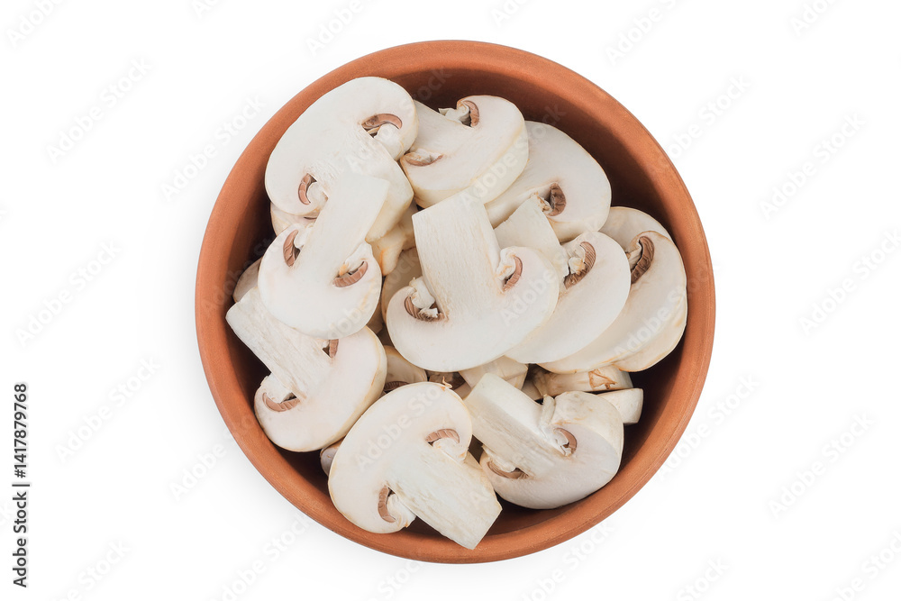 Fresh mushroom champignon slices in a ceramic bowl isolated on white background. Top view. Flat lay