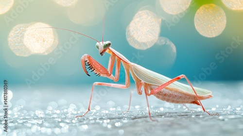 Pink Praying Mantis on Surface, Bokeh Background