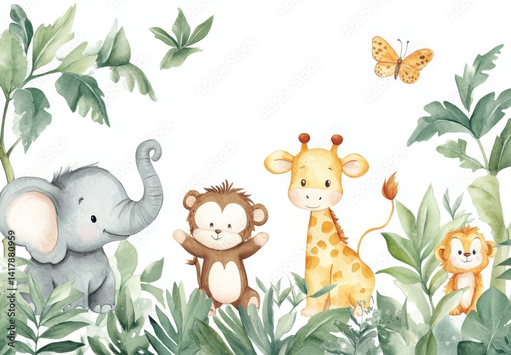 Naklejka premium Cute watercolor illustration of jungle animals including elephant, giraffe, bear, and monkey surrounded by leaves and butterflies. 