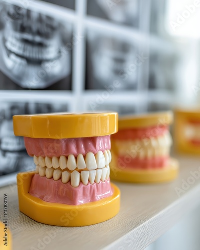Dental model anatomical jaw with teeth x ray background on shelf providing oral healthcare
