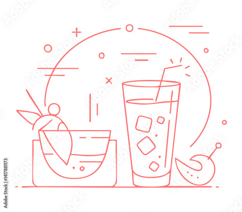 happy hour drink and glass lineart
