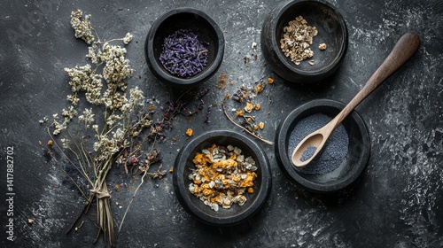 Obraz na płótnie Dark stone bowls with lavender and dried herbs on gray background w salonie