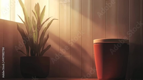 Sunlit potted plant and vessel in a wooden interior setting