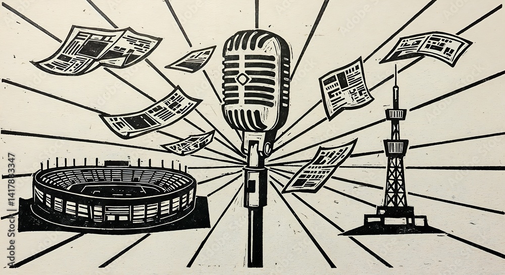 Vintage microphone, stadium, and tower illustration for Sports Journalism Day celebration, postcard, copy space