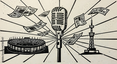 Obraz na płótnie Vintage microphone, stadium, and tower illustration for Sports Journalism Day celebration, postcard, copy space w salonie
