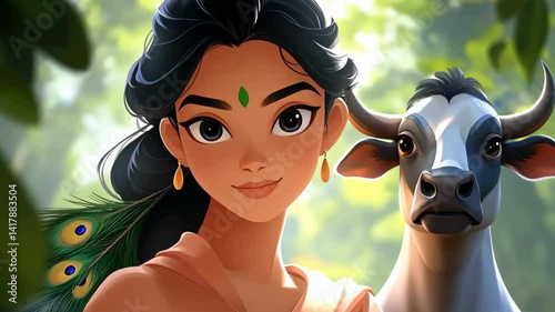 Young Asian woman with long hair smiling beside a cow in a lush green forest, wearing traditional attire and peacock feather ornament