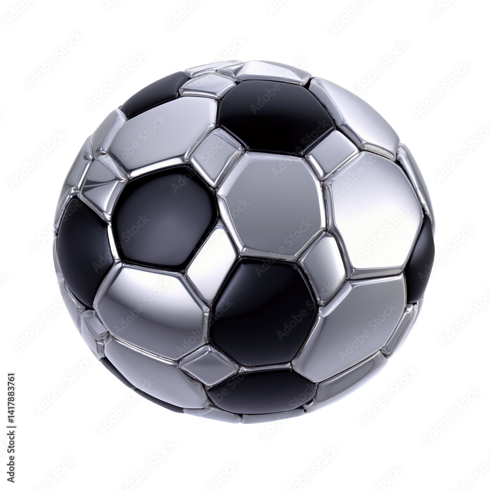 Fototapeta premium A detailed close-up of a classic black and white soccer ball with a shiny surface, emphasizing its geometric hexagonal patterns and reflective quality.