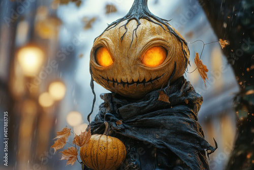 Scarecrow wearing pumpkin head in a cornfield at sunset. Stuffed shirt, straw hat, and vibrant orange pumpkin contrast against golden sky.