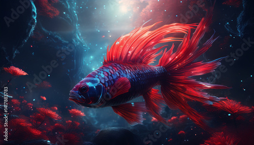 Red Glowing Fantasy Fish in Digital Water Scene