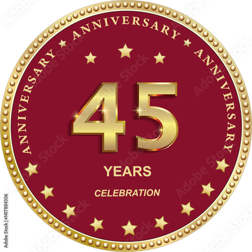 45 years anniversary vector golden design on red background with stars in round frame for celebration, congratulation and greeting card, banner, logo, icon
