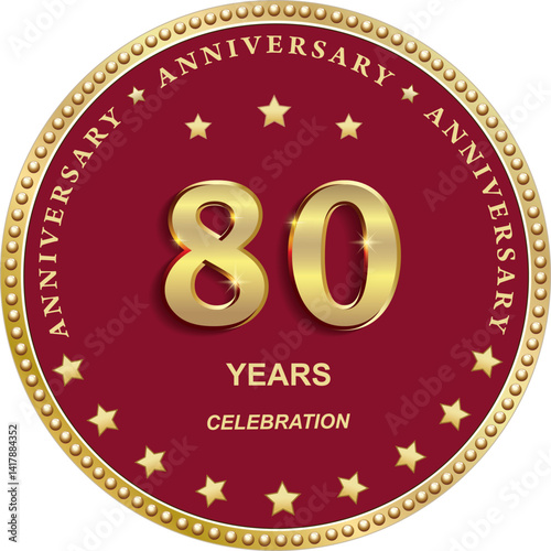 80 years anniversary vector golden design on red background with stars in round frame for celebration, congratulation and greeting card, banner, logo, icon