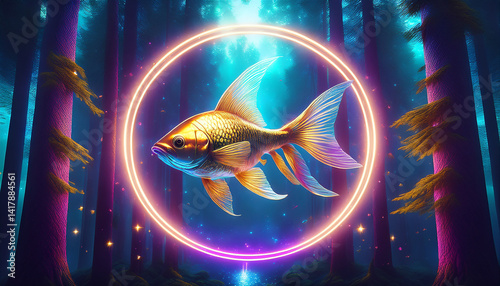 Digital Abstract Illustration with Tech Fish and Blue Glow