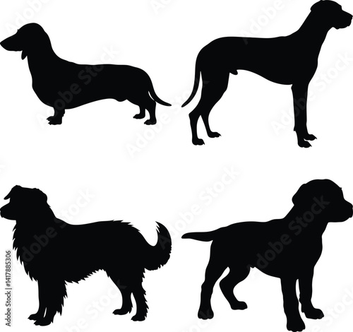 Collection of Dog Silhouettes Dachshund Great Dane Retriever Puppy Canine Breed Black White Transparent Background