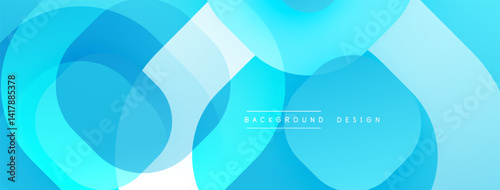 Abstract blue background. Overlapping circles, squares create modern design. Light gradients, smooth transitions present calm aesthetic.