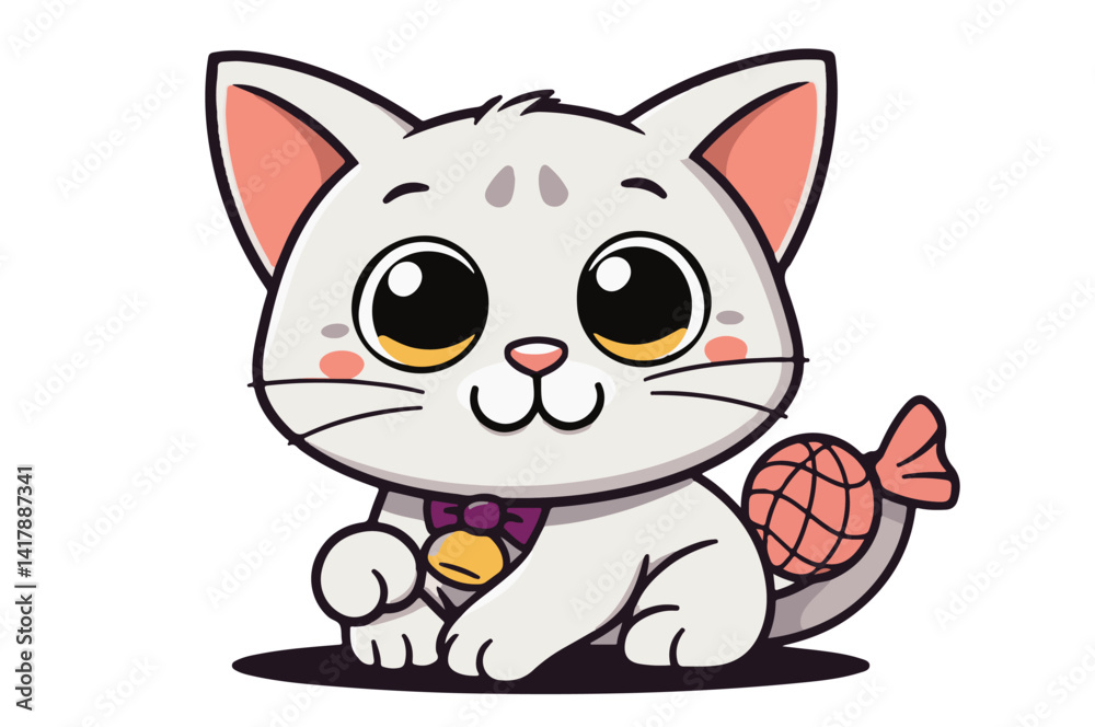 This vector features a kawaii-style white cat with a playful face, a collar, and a little bell. The cute aesthetic makes it ideal for use in greeting cards, stickers, games, and learning resources. This vector features a kawaii-style white cat with a playful face, a collar, and a little bell. The cute aesthetic makes it ideal for use in greeting cards, stickers, games, and learning resources.