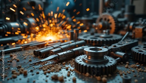 Engine gear wheels with sparks flying as they grind together, capturing a moment of intense activity