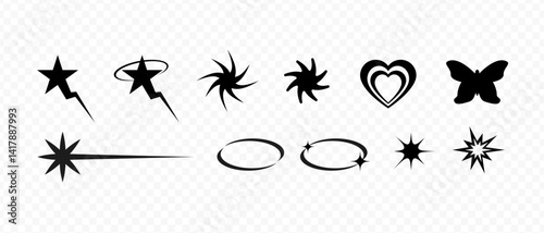 High quality futuristic elements. Y2k silhouette elements. Different geometric shapes. Prints 90-s. Butterfly, stars, explode