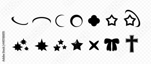 High quality futuristic elements. Y2k silhouette elements. Different geometric shapes. Prints 90-s. Stars, cross, bow