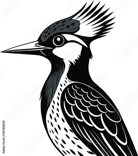 Crested Woodpecker in Bold Monochrome Vector with Striking Details