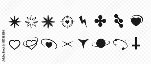 High quality futuristic elements. Y2k silhouette elements. Different geometric shapes. Prints 90-s. Cross,  hearts, thunderbolt, planet, cross.