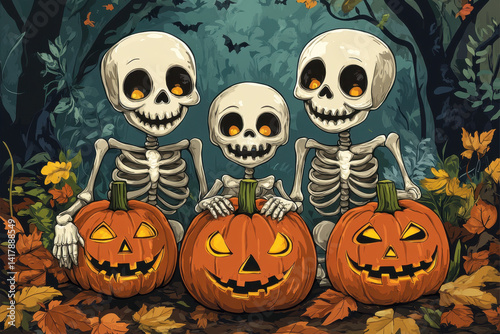 Three skeletons with pumpkins in the spooky woods, under a full moon.