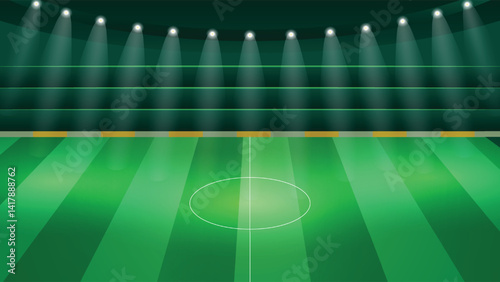 Realistic football ground background featuring a green stadium field with bright spotlights and clear center pitch lines ideal for sports design and event themes