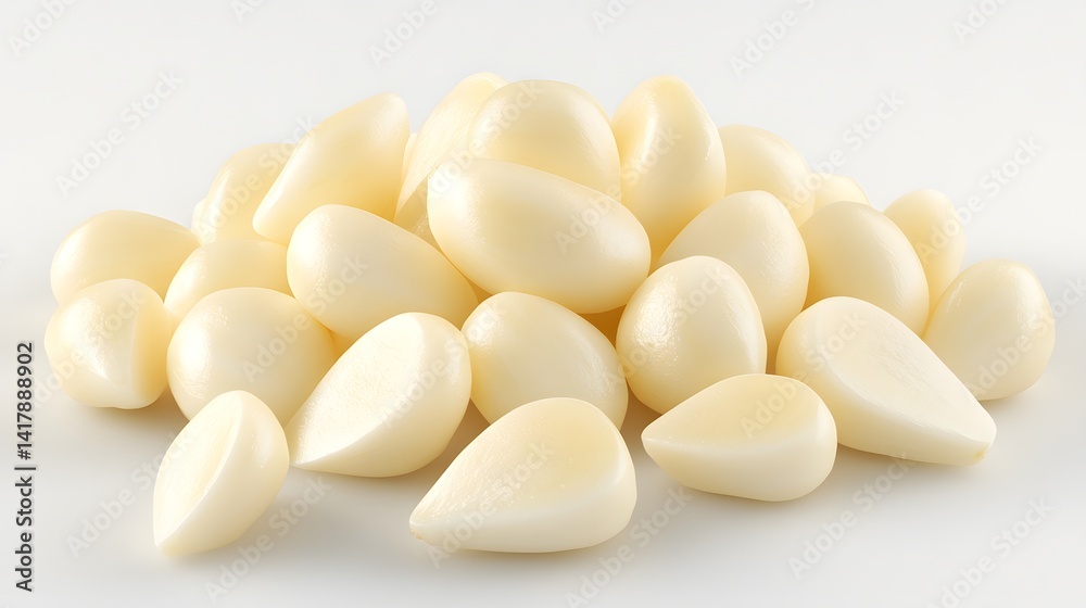 A pile of peeled garlic cloves, some whole and some halved, sits on a white background. The garlic is pale yellow and appears fresh and plump. A pile of peeled garlic cloves, some whole and some halved, sits on a white background. The garlic is pale yellow and appears fresh and plump.