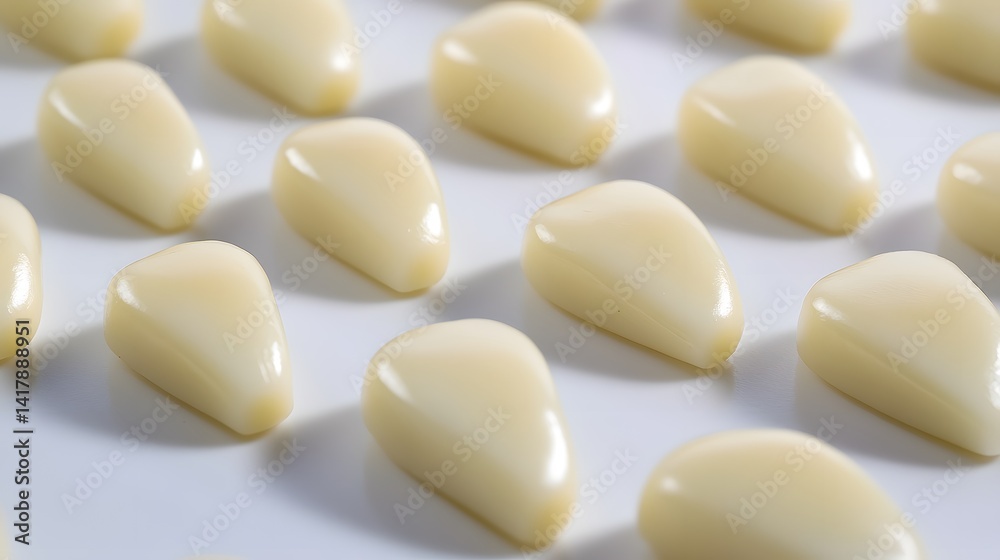 Close-up of several smooth, off-white, teardrop-shaped candies arranged in rows on a white background. The glossy finish highlights their curves. Close-up of several smooth, off-white, teardrop-shaped candies arranged in rows on a white background. The glossy finish highlights their curves.
